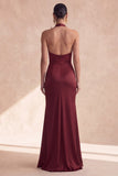 Vestido formal longo de sereia com decote caber halter e franzido