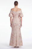 Vestido de Mãe da Noiva Flor Cor-de-Rosa Sereia Despenteado Jacquard Longo Mãe da Noiva