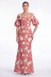 Vestido de Mãe da Noiva Flor Cor-de-Rosa Sereia Despenteado Jacquard Longo Mãe da Noiva