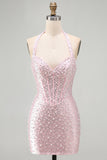 Pérolas cor-de-rosa bodycon Bodycon Header Corset sem costas Vestido curto de regresso a casa com contas