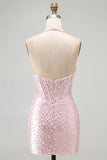 Pérolas cor-de-rosa bodycon Bodycon Header Corset sem costas Vestido curto de regresso a casa com contas