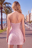 Pérolas cor-de-rosa bodycon Bodycon Header Corset sem costas Vestido curto de regresso a casa com contas