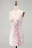 Pérolas cor-de-rosa bodycon Bodycon Header Corset sem costas Vestido curto de regresso a casa com contas