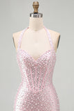 Pérolas cor-de-rosa bodycon Bodycon Header Corset sem costas Vestido curto de regresso a casa com contas