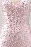 Pérolas cor-de-rosa bodycon Bodycon Header Corset sem costas Vestido curto de regresso a casa com contas
