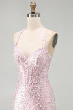 Pérolas cor-de-rosa bodycon Bodycon Header Corset sem costas Vestido curto de regresso a casa com contas