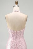 Pérolas cor-de-rosa bodycon Bodycon Header Corset sem costas Vestido curto de regresso a casa com contas