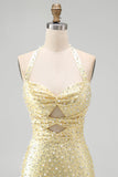 Bodycon Caber Neck Cut Cut Pearls Yellow Homecoming Dress com bordas