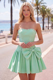 Vestido de Finalistas A-Line de Pérolas Sem Alças Menta com Laço