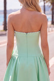 Vestido de Finalistas A-Line de Pérolas Sem Alças Menta com Laço