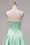 Vestido de Finalistas A-Line de Pérolas Sem Alças Menta com Laço