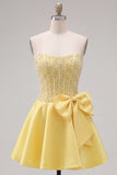 Vestido de Finalista Amarelo Espartilho A-Line Pearls com laço