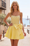 Vestido de Finalista Amarelo Espartilho A-Line Pearls com laço