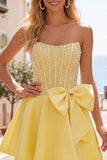 Vestido de Finalista Amarelo Espartilho A-Line Pearls com laço