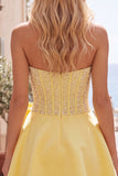 Vestido de Finalista Amarelo Espartilho A-Line Pearls com laço