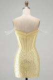Corset Amarelo Bodycon Ombro Descoberto Pérolas Vestido Curto de Boas-Vindas com Missangas