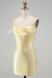 Corset Amarelo Bodycon Ombro Descoberto Pérolas Vestido Curto de Boas-Vindas com Missangas