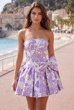 Vestido de Regresso a Casa Jacquard Pearls Roxo A-Line Sem Alças com Laço