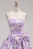 Vestido de Regresso a Casa Jacquard Pearls Roxo A-Line Sem Alças com Laço