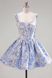 Vestido de Finalistas A-Line Blue Pearls Jacquard com decote quadrado