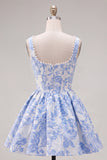 Vestido de Finalistas A-Line Blue Pearls Jacquard com decote quadrado