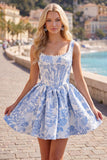 Vestido de Finalistas A-Line Blue Pearls Jacquard com decote quadrado