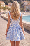 Vestido de Finalistas A-Line Blue Pearls Jacquard com decote quadrado
