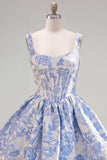 Vestido de Finalistas A-Line Blue Pearls Jacquard com decote quadrado