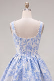 Vestido de Finalistas A-Line Blue Pearls Jacquard com decote quadrado