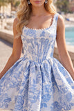 Vestido de Finalistas A-Line Blue Pearls Jacquard com decote quadrado