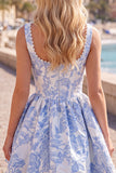 Vestido de Finalistas A-Line Blue Pearls Jacquard com decote quadrado