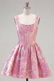 Vestido de Finalistas A-Line Blue Pearls Jacquard com decote quadrado