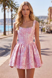 Vestido de Finalistas A-Line Blue Pearls Jacquard com decote quadrado