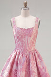 Vestido de Finalistas A-Line Blue Pearls Jacquard com decote quadrado