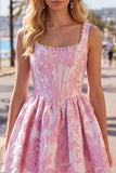 Vestido de Finalistas A-Line Blue Pearls Jacquard com decote quadrado