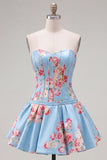 Vestido de Finalistas de Finalistas Azul Azul Espartilho Floral de Cetim Linha A