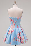 Vestido de Finalistas de Finalistas Azul Azul Espartilho Floral de Cetim Linha A