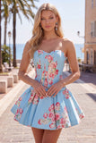 Vestido de Finalistas de Finalistas Azul Azul Espartilho Floral de Cetim Linha A