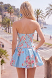 Vestido de Finalistas de Finalistas Azul Azul Espartilho Floral de Cetim Linha A