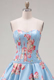 Vestido de Finalistas de Finalistas Azul Azul Espartilho Floral de Cetim Linha A