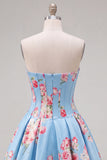 Vestido de Finalistas de Finalistas Azul Azul Espartilho Floral de Cetim Linha A