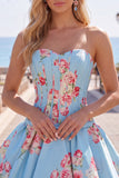 Vestido de Finalistas de Finalistas Azul Azul Espartilho Floral de Cetim Linha A