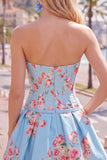 Vestido de Finalistas de Finalistas Azul Azul Espartilho Floral de Cetim Linha A