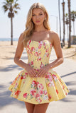 Vestido de Finalistas de Finalistas Azul Azul Espartilho Floral de Cetim Linha A