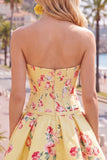 Vestido de Finalistas de Finalistas Azul Azul Espartilho Floral de Cetim Linha A