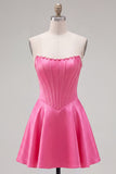 Vestido de Finalistas Sweetheart Pérolas Fúcsia Espartilho Linha A de Cetim