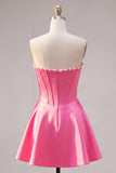 Vestido de Finalistas Sweetheart Pérolas Fúcsia Espartilho Linha A de Cetim