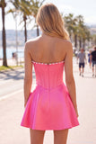 Vestido de Finalistas Sweetheart Pérolas Fúcsia Espartilho Linha A de Cetim