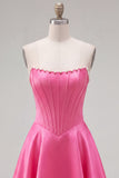 Vestido de Finalistas Sweetheart Pérolas Fúcsia Espartilho Linha A de Cetim