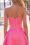 Vestido de Finalistas Sweetheart Pérolas Fúcsia Espartilho Linha A de Cetim